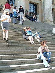 12 pictures - Girlfriend's up skirts, on stairs. Hot upskirt pics