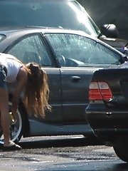 12 pictures - Candid upskirt, near the car. She washed car and flashed
