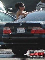 12 pictures - Candid upskirt, near the car. She washed car and flashed