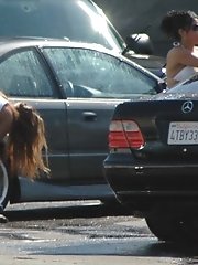 12 pictures - Candid upskirt, near the car. She washed car and flashed