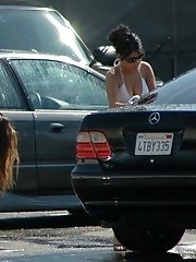 12 pictures - Candid upskirt, near the car. She washed car and flashed