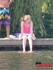 12 pictures - Blondie near the pool. Sexy up skirt pics