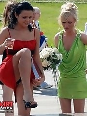 12 pictures - Torn fishnet pantyhose up girls jeans skirt