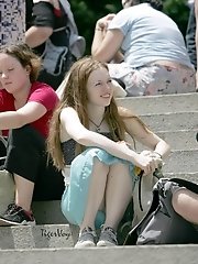 15 pictures - Candid voyeur upskirt with girls' panty and pussy flashing