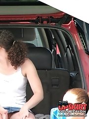 12 pictures - Young chubby brunette caught by candid cam. Hot upskirt