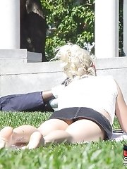 12 pictures - Cute blonde in black denim mini. Hot upskirt