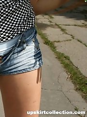 7 pictures - Babe unzips tiny tight jeans shorts and shows panties