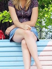 12 pictures - Sweet blondie in denim upskirt pics