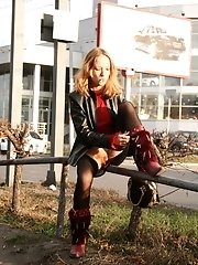 15 pictures - Public upskirt outdoors with pantyless girl in stockings
