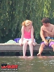 12 pictures - Blondie near the pool. Sexy up skirt pics