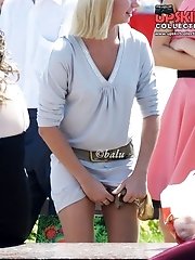 12 pictures - Hot upskirt girls have fun by fountain